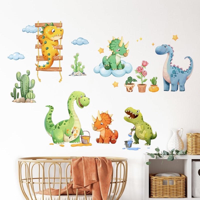 Decvictor Watercolor Funny Dinosaur Wall Decals, Cartoon Cute Dino Playing Cacti Wall Stickers Vinyl Peel and Stick Wall Decal Self Adhesive Wall Art Sticker for Baby Nursery Kids Room Home Decor - Image 3